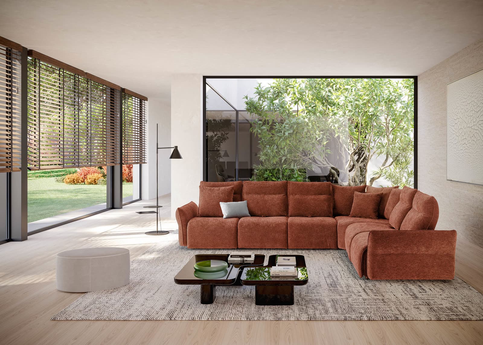 Canapea LeComfort Siro, din colecția Sofa Premiere, în tapițerie cărămizie, ambientată în living